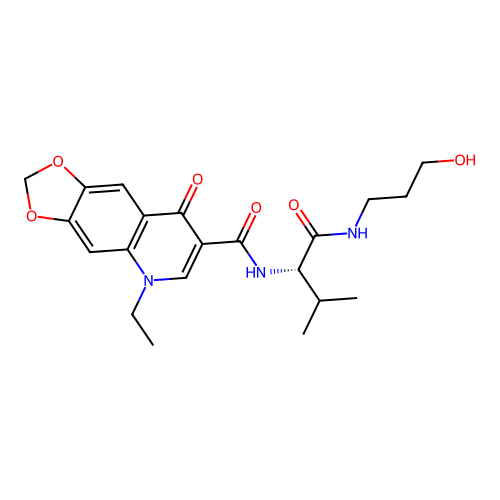 (S)-5-ethyl-N-(1-((3-hydroxypropyl)amino)-3-methyl-1-oxobutan-2-yl)-8-oxo-5,8-dihydro-[1,3]dioxolo[4,5-g]quinoline-7-carboxamide structure