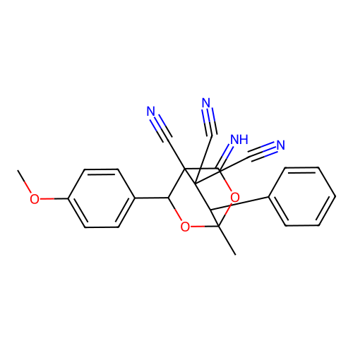 3-imino-5-(4-methoxyphenyl)-1-methyl-7-phenyl-2,6-dioxabicyclo[2.2.2]octane-4,8,8-tricarbonitrile structure