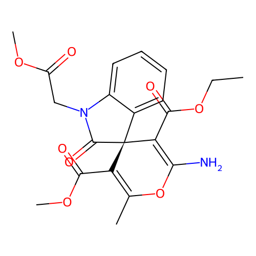(S)-3'-ethyl 5'-methyl 2'-amino-1-(2-methoxy-2-oxoethyl)-6'-methyl-2-oxospiro[indoline-3,4'-pyran]-3',5'-dicarboxylate structure