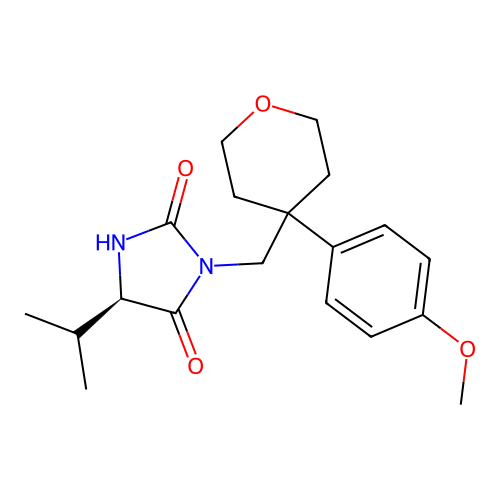 (5R)-3-[[4-(4-methoxyphenyl)oxan-4-yl]methyl]-5-propan-2-ylimidazolidine-2,4-dione structure