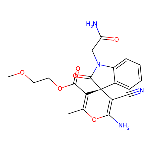 (R)-2-methoxyethyl 2'-amino-1-(2-amino-2-oxoethyl)-3'-cyano-6'-methyl-2-oxospiro[indoline-3,4'-pyran]-5'-carboxylate structure