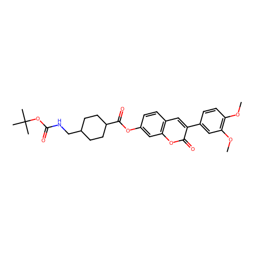 (1r,4r)-3-(3,4-dimethoxyphenyl)-2-oxo-2H-chromen-7-yl 4-(((tert-butoxycarbonyl)amino)methyl)cyclohexanecarboxylate structure