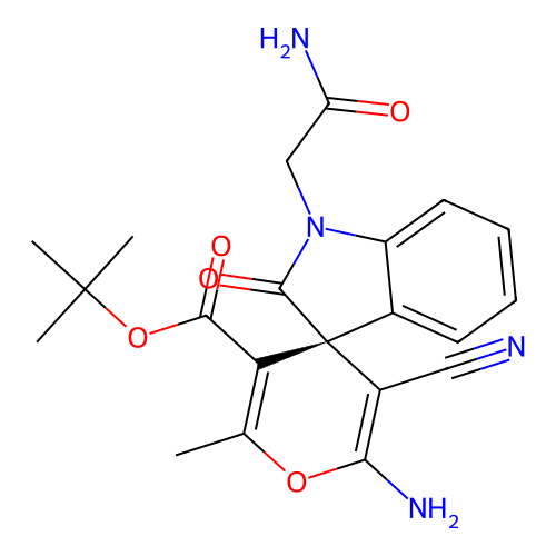 (R)-tert-butyl 2'-amino-1-(2-amino-2-oxoethyl)-3'-cyano-6'-methyl-2-oxospiro[indoline-3,4'-pyran]-5'-carboxylate structure