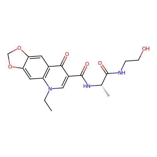(S)-5-ethyl-N-(1-((2-hydroxyethyl)amino)-1-oxopropan-2-yl)-8-oxo-5,8-dihydro-[1,3]dioxolo[4,5-g]quinoline-7-carboxamide structure