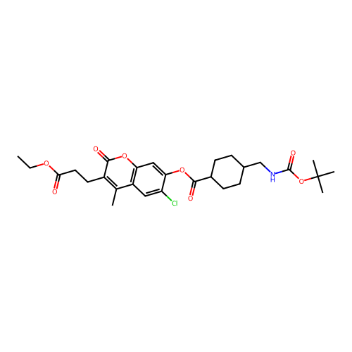 (1r,4r)-6-chloro-3-(3-ethoxy-3-oxopropyl)-4-methyl-2-oxo-2H-chromen-7-yl 4-(((tert-butoxycarbonyl)amino)methyl)cyclohexanecarboxylate structure
