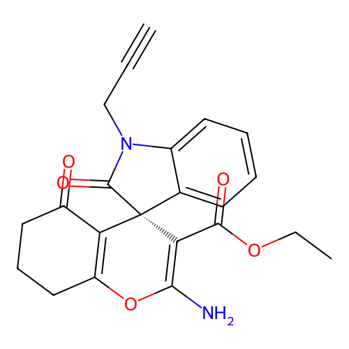 (S)-ethyl 2-amino-2',5-dioxo-1'-(prop-2-yn-1-yl)-5,6,7,8-tetrahydrospiro[chromene-4,3'-indoline]-3-carboxylate structure