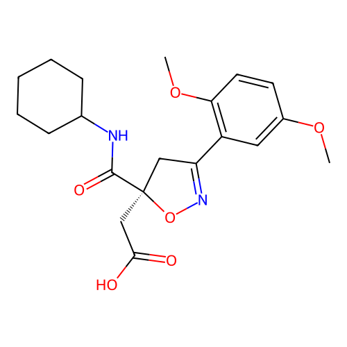 2-[(5S)-5-(cyclohexylcarbamoyl)-3-(2,5-dimethoxyphenyl)-4H-1,2-oxazol-5-yl]acetic acid structure