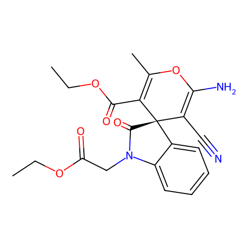 (R)-ethyl 2'-amino-3'-cyano-1-(2-ethoxy-2-oxoethyl)-6'-methyl-2-oxospiro[indoline-3,4'-pyran]-5'-carboxylate structure