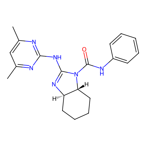 (3aR,7aR)-2-((4,6-dimethylpyrimidin-2-yl)amino)-N-phenyl-3a,4,5,6,7,7a-hexahydro-1H-benzo[d]imidazole-1-carboxamide structure