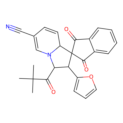 2'-(furan-2-yl)-1,3-dioxo-3'-pivaloyl-1,3,3',8a'-tetrahydro-2'H-spiro[indene-2,1'-indolizine]-6'-carbonitrile structure
