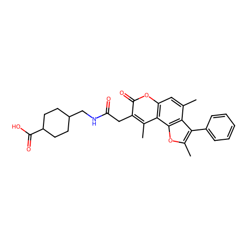 (1s,4s)-4-((2-(2,4,9-trimethyl-7-oxo-3-phenyl-7H-furo[2,3-f]chromen-8-yl)acetamido)methyl)cyclohexanecarboxylic acid structure