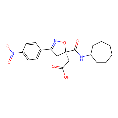 2-[(5S)-5-(cycloheptylcarbamoyl)-3-(4-nitrophenyl)-4H-1,2-oxazol-5-yl]acetic Acid structure