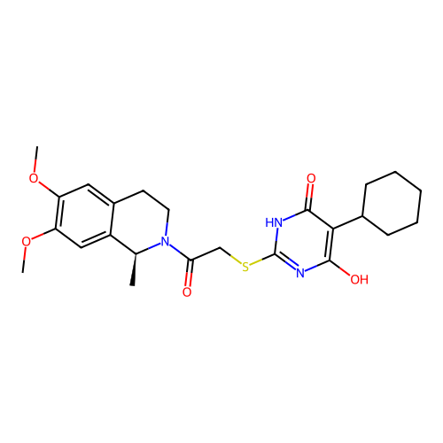 (S)-5-cyclohexyl-2-((2-(6,7-dimethoxy-1-methyl-3,4-dihydroisoquinolin-2(1H)-yl)-2-oxoethyl)thio)-6-hydroxypyrimidin-4(3H)-one structure