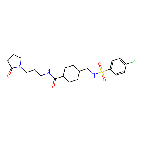 (1r,4r)-4-((4-chlorophenylsulfonamido)methyl)-N-(3-(2-oxopyrrolidin-1-yl)propyl)cyclohexanecarboxamide structure