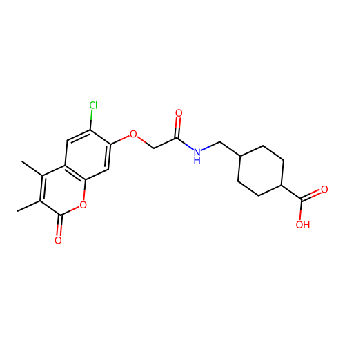 (1r,4r)-4-((2-((6-chloro-3,4-dimethyl-2-oxo-2H-chromen-7-yl)oxy)acetamido)methyl)cyclohexanecarboxylic acid structure