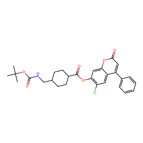(1r,4r)-6-chloro-2-oxo-4-phenyl-2H-chromen-7-yl 4-(((tert-butoxycarbonyl)amino)methyl)cyclohexanecarboxylate structure