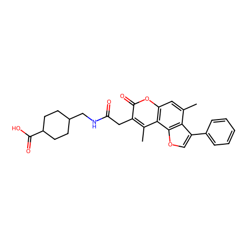 (1r,4r)-4-((2-(4,9-dimethyl-7-oxo-3-phenyl-7H-furo[2,3-f]chromen-8-yl)acetamido)methyl)cyclohexanecarboxylic acid structure