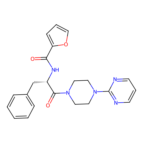 N-[(2S)-1-oxo-3-phenyl-1-(4-pyrimidin-2-ylpiperazin-1-yl)propan-2-yl]furan-2-carboxamide structure