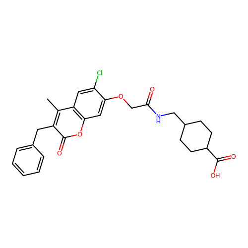 (1r,4r)-4-((2-((3-benzyl-6-chloro-4-methyl-2-oxo-2H-chromen-7-yl)oxy)acetamido)methyl)cyclohexanecarboxylic acid structure