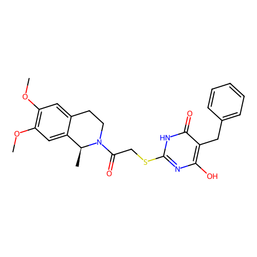 (S)-5-benzyl-2-((2-(6,7-dimethoxy-1-methyl-3,4-dihydroisoquinolin-2(1H)-yl)-2-oxoethyl)thio)-6-hydroxypyrimidin-4(3H)-one structure