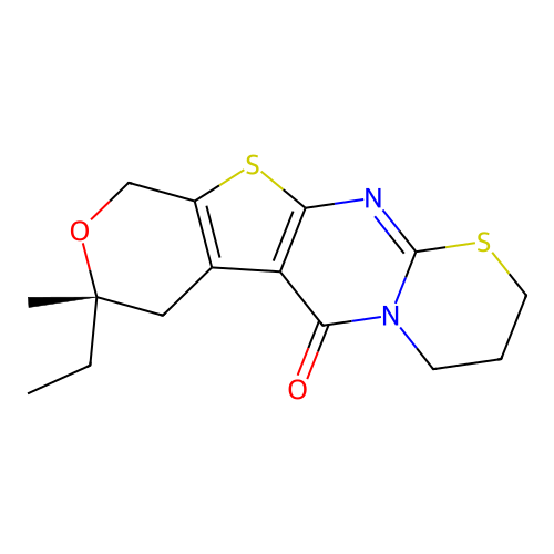 (S)-8-ethyl-8-methyl-3,4,7,8-tetrahydro-2H-pyrano[4'',3'':4',5']thieno[2',3':4,5]pyrimido[2,1-b][1,3]thiazin-6(10H)-one structure
