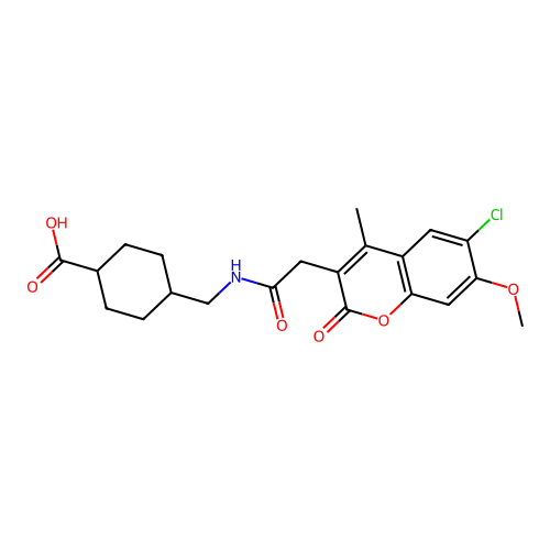 (1r,4r)-4-((2-(6-chloro-7-methoxy-4-methyl-2-oxo-2H-chromen-3-yl)acetamido)methyl)cyclohexanecarboxylic acid structure