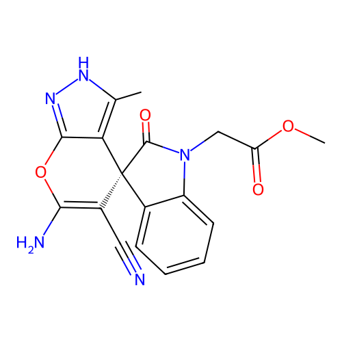 (S)-methyl 2-(6'-amino-5'-cyano-3'-methyl-2-oxo-1'H-spiro[indoline-3,4'-pyrano[2,3-c]pyrazol]-1-yl)acetate structure