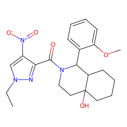 (1-ethyl-4-nitro-1H-pyrazol-3-yl)(4a-hydroxy-1-(2-methoxyphenyl)octahydroisoquinolin-2(1H)-yl)methanone structure