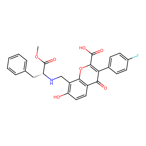 (R)-3-(4-fluorophenyl)-7-hydroxy-8-(((1-methoxy-1-oxo-3-phenylpropan-2-yl)amino)methyl)-4-oxo-4H-chromene-2-carboxylic acid structure