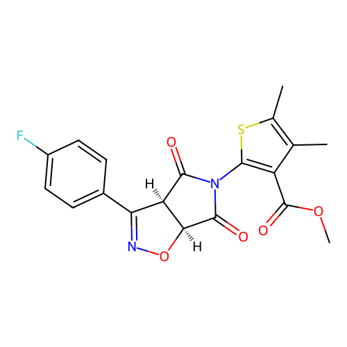 methyl 2-((3aR,6aS)-3-(4-fluorophenyl)-4,6-dioxo-6,6a-dihydro-3aH-pyrrolo[3,4-d]isoxazol-5(4H)-yl)-4,5-dimethylthiophene-3-carboxylate structure