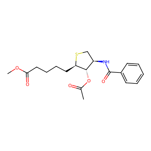methyl 5-((2R,3S,4S)-3-acetoxy-4-benzamidotetrahydrothiophen-2-yl)pentanoate structure