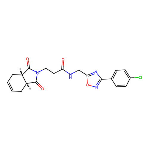 3-[(3aR,7aS)-1,3-dioxo-3a,4,7,7a-tetrahydroisoindol-2-yl]-N-[[3-(4-chlorophenyl)-1,2,4-oxadiazol-5-yl]methyl]propanamide structure