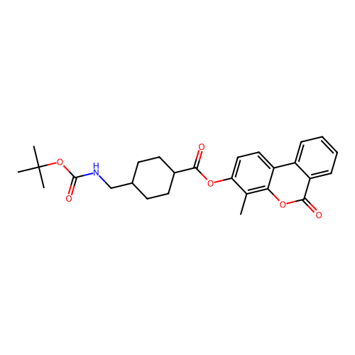 (1r,4r)-4-methyl-6-oxo-6H-benzo[c]chromen-3-yl 4-(((tert-butoxycarbonyl)amino)methyl)cyclohexanecarboxylate structure