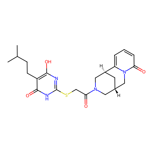 (1R,5S)-3-(2-((4-hydroxy-5-isopentyl-6-oxo-1,6-dihydropyrimidin-2-yl)thio)acetyl)-3,4,5,6-tetrahydro-1H-1,5-methanopyrido[1,2-a][1,5]diazocin-8(2H)-one structure
