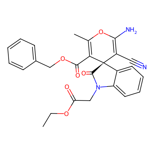 (R)-benzyl 2'-amino-3'-cyano-1-(2-ethoxy-2-oxoethyl)-6'-methyl-2-oxospiro[indoline-3,4'-pyran]-5'-carboxylate structure
