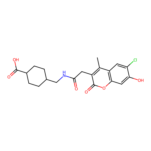 (1r,4r)-4-((2-(6-chloro-7-hydroxy-4-methyl-2-oxo-2H-chromen-3-yl)acetamido)methyl)cyclohexanecarboxylic acid structure
