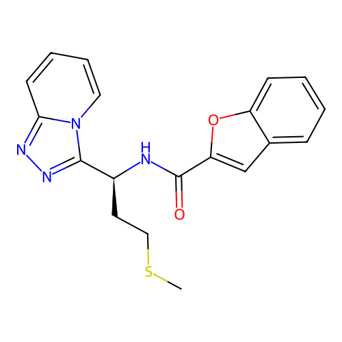 (S)-N-(1-([1,2,4]triazolo[4,3-a]pyridin-3-yl)-3-(methylthio)propyl)benzofuran-2-carboxamide structure
