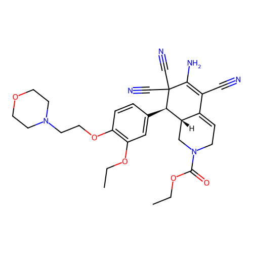 (8S,8aR)-ethyl 6-amino-5,7,7-tricyano-8-(3-ethoxy-4-(2-morpholinoethoxy)phenyl)-1,7,8,8a-tetrahydroisoquinoline-2(3H)-carboxylate structure