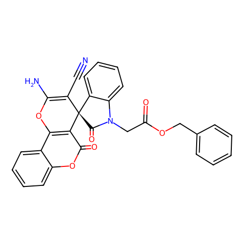 (R)-benzyl 2-(2'-amino-3'-cyano-2,5'-dioxo-5'H-spiro[indoline-3,4'-pyrano[3,2-c]chromen]-1-yl)acetate structure
