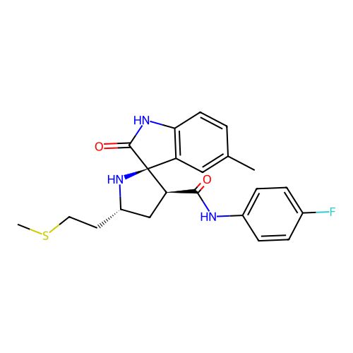 (2'R,3'S,5'R)-N-(4-fluorophenyl)-5-methyl-5'-(2-(methylthio)ethyl)-2-oxospiro[indoline-3,2'-pyrrolidine]-3'-carboxamide structure