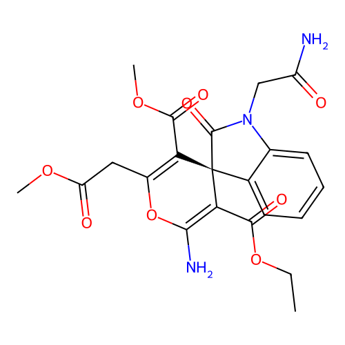 (S)-3'-ethyl 5'-methyl 2'-amino-1-(2-amino-2-oxoethyl)-6'-(2-methoxy-2-oxoethyl)-2-oxospiro[indoline-3,4'-pyran]-3',5'-dicarboxylate structure