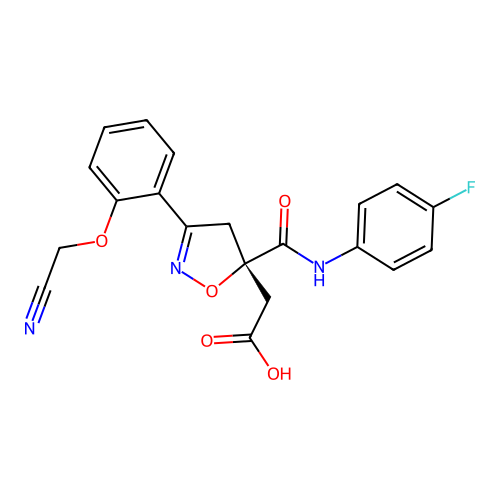 2-[(5S)-3-[2-(cyanomethoxy)phenyl]-5-[(4-fluorophenyl)carbamoyl]-4H-1,2-oxazol-5-yl]acetic Acid structure