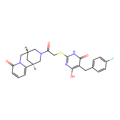 (1R,5S)-3-(2-((5-(4-fluorobenzyl)-4-hydroxy-6-oxo-1,6-dihydropyrimidin-2-yl)thio)acetyl)-3,4,5,6-tetrahydro-1H-1,5-methanopyrido[1,2-a][1,5]diazocin-8(2H)-one structure