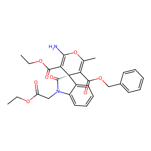 (S)-5'-benzyl 3'-ethyl 2'-amino-1-(2-ethoxy-2-oxoethyl)-6'-methyl-2-oxospiro[indoline-3,4'-pyran]-3',5'-dicarboxylate structure