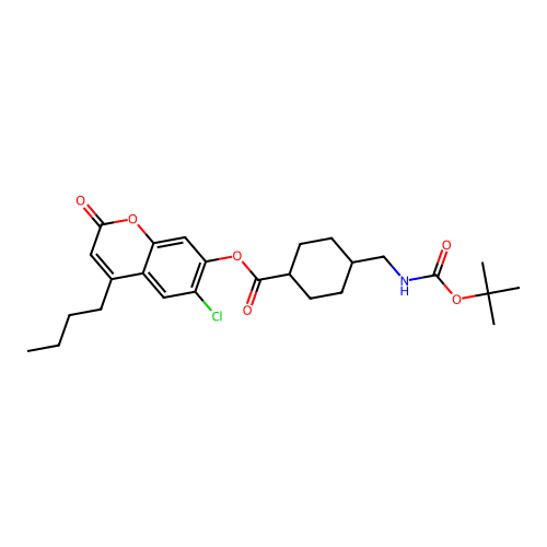 (1r,4r)-4-butyl-6-chloro-2-oxo-2H-chromen-7-yl 4-(((tert-butoxycarbonyl)amino)methyl)cyclohexanecarboxylate structure