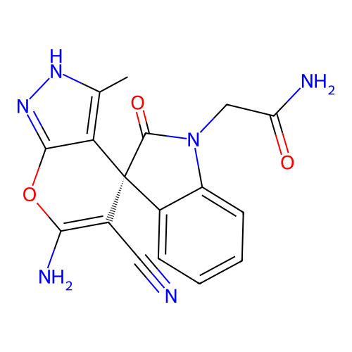 (S)-2-(6'-amino-5'-cyano-3'-methyl-2-oxo-1'H-spiro[indoline-3,4'-pyrano[2,3-c]pyrazol]-1-yl)acetamide structure