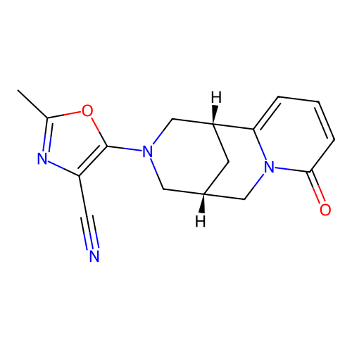2-methyl-5-((1R,5S)-8-oxo-5,6-dihydro-1H-1,5-methanopyrido[1,2-a][1,5]diazocin-3(2H,4H,8H)-yl)oxazole-4-carbonitrile structure