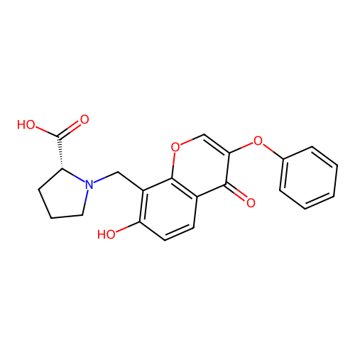 1-[(7-hydroxy-4-oxo-3-phenoxy-4H-chromen-8-yl)methyl]-D-proline structure