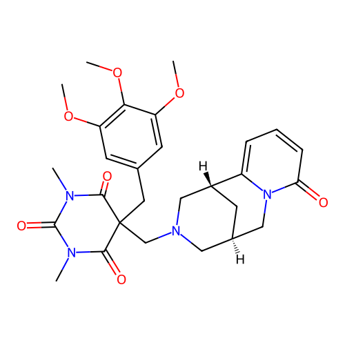 1,3-dimethyl-5-(((1R,5S)-8-oxo-5,6-dihydro-1H-1,5-methanopyrido[1,2-a][1,5]diazocin-3(2H,4H,8H)-yl)methyl)-5-(3,4,5-trimethoxybenzyl)pyrimidine-2,4,6(1H,3H,5H)-trione structure