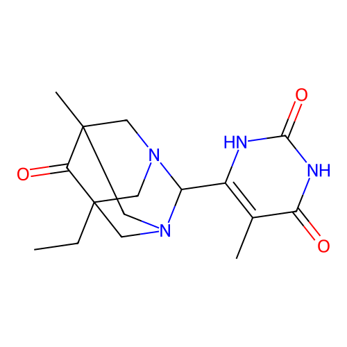5-ethyl-2-(6-hydroxy-5-methyl-2-oxo-2,3-dihydropyrimidin-4-yl)-7-methyl-1,3-diazatricyclo[3.3.1.1~3,7~]decan-6-one structure